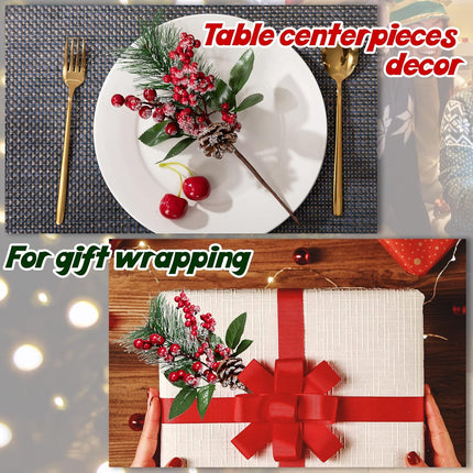 Artificial Christmas Picks, 12 PCS 12" Pine Branches Red Berry Twig Stems Pinecones Holly Snow Flocked Spray Flowers for Christmas Tree Wreath Floral Arrangement Winter Holiday Season Décor
