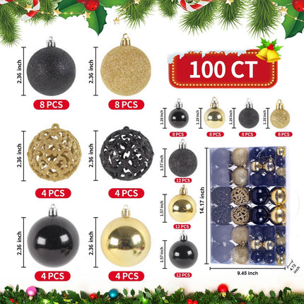 100 Pcs Christmas Ball Ornament Set, Black and Gold Shatterproof Christmas Decorations Set Hanging Plastic Xmas Balls for Home, Holiday, Wedding, Xmas Hanging Decortions