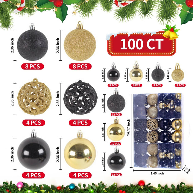 100 Pcs Christmas Ball Ornament Set, Black and Gold Shatterproof Christmas Decorations Set Hanging Plastic Xmas Balls for Home, Holiday, Wedding, Xmas Hanging Decortions