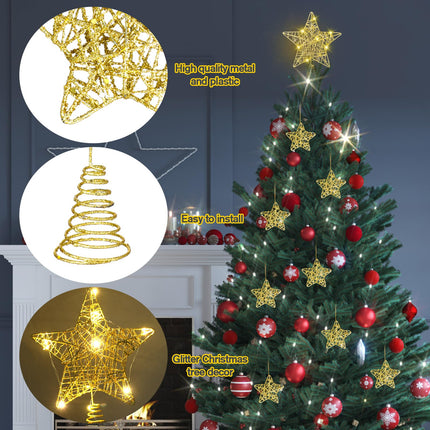 Hiboom 10 Pcs Lighted Christmas Tree Topper Star Decorations 2 Pcs 10'' Hollow Christmas Star and 8 Pcs Star Ornament Battery Operated Christmas Star Build in 20 LED for Holiday Indoor Christmas Decor