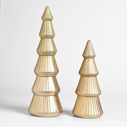 Wooden Christmas Tree Figurine, 2Pcs Gold Tree Figurines, Decorative Trees for Tabletop, Small Glittered Golden Xmas Tree Figurines for Christmas Mantle Indoor Decor