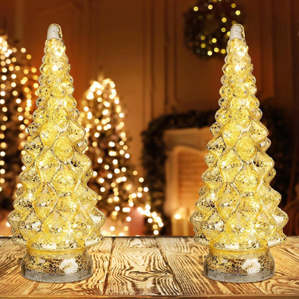 2 Pcs 12.6 Inch Lighted Glass Christmas Tree Figurine Battery Operated Glass Christmas Tree Silver Glass Lighted Christmas Tree Glass Tabletop Xmas Tree Decoration for Fireplace Mantel