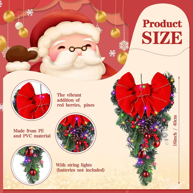 Tigeen 4 Pack Christmas Stairway Swag Wreaths Teardrop Swag for Stairs 16 Inch Red Poinsettia Stair Swag Wreath with Colorful Lights Christmas Swag for Front Door Stairs Wall Window Hanging Ornaments