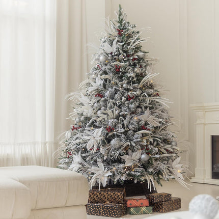 PARTY JOY 54 Pcs White Glitter Artificial Cedar Sprigs Picks Faux Cedar Branches Stems Christmas Tree Picks Sprays for Gold Christmas Tree Wreath Wedding Bouquet Winter Seasonal Holiday Decoration