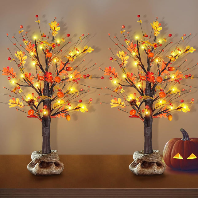 2 Pack 24 Inch Lighted Maple Trees with Pumpkins & Acorns - 24 LED Battery-Powered Fall Decorations for Home, Perfect for Thanksgiving and Harvest Table Decor
