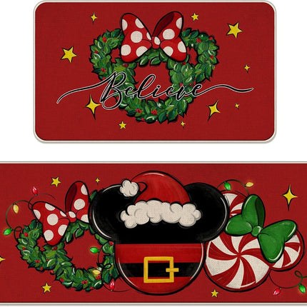 Christmas Believe Santa Mouse Red Kitchen Rugs Set of 2, Xmas Wreath Peppermint Candy Kitchen Mats Decor, Winter Holiday Floor Door Mat Home Decorations -17x29 and 17x47 Inch