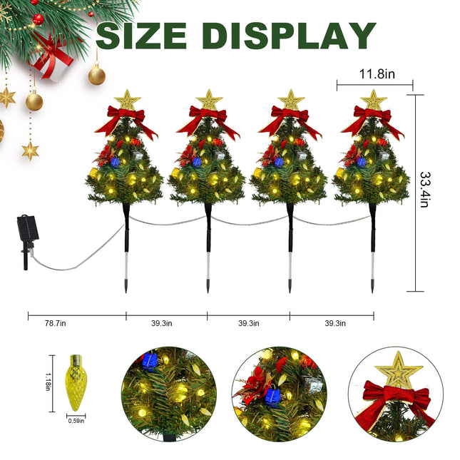 Solar Christmas Tree Pathway Lights Outdoor, Set of 4 Solar Christmas Tree Stake Lights, 80 Outdoor LEDs Xmas Pathway Lights, Garden Stake Lights Decor DIY Xmas Tree (Warm White)