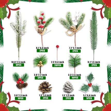 60 Pcs Artificial Green Pine Needles Branches Set Christmas Artificial Holly Red Berry Pinecones with for Christmas Tree House Decorations Christmas Flower Arrangements Wreaths Holiday Supplies (01)