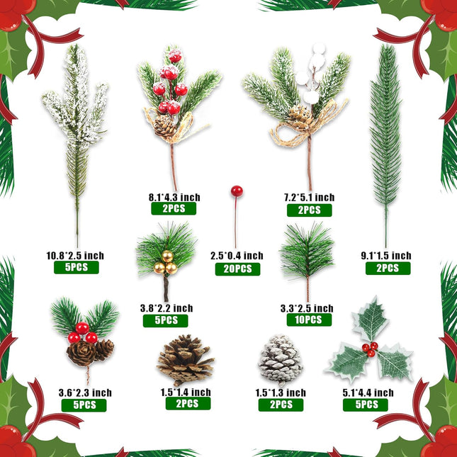 60 Pcs Artificial Green Pine Needles Branches Set Christmas Artificial Holly Red Berry Pinecones with for Christmas Tree House Decorations Christmas Flower Arrangements Wreaths Holiday Supplies (01)