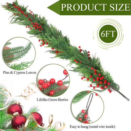 Norfolk Pine Garlands with Red Berries, 6Ft Artificial Soft Christmas Pine Cypress Garland, Green Real Touch Greenery Garland for Table, Mantle, Staires Railing, Indoor/Outdoor Christmas Decorations.