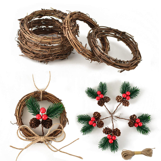 5 Pcs of 4.13-Inch Grapevine Wreath and 5 Pcs of 3.54-Inch Artificial Christmas Picks Assorted Red Berry for Christmas, Wedding, Party, Dinner Decor