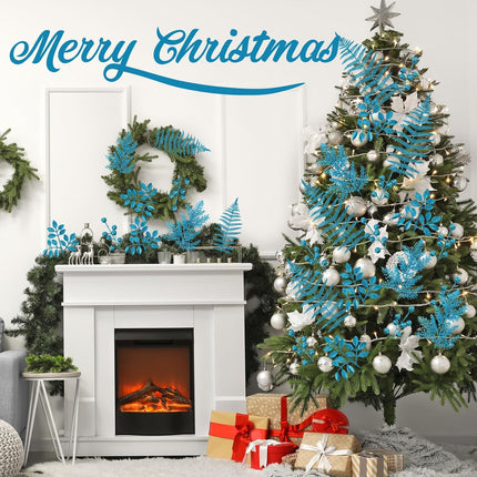 40 Pcs Christmas Glitter Artificial Picks Set Christmas Leaf Sprays Cedar Picks Glitter Berries Stems Tropical Leaf Pine Needles Christmas Stems Branches for Christmas Tree Vase Home(Blue)