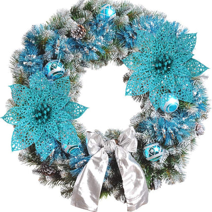 Winlyn 24 Pack Christmas Teal Glitter Poinsettia Flowers Picks Christmas Tree Ornaments 5.9" Wide for Teal Christmas Tree Wreaths Garland Holiday Seasonal Wedding Decorations White Box Included