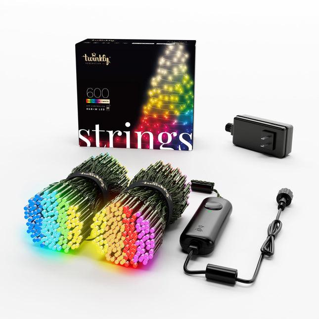 Twinkly Strings 600 LED RGB+White, LED Light String, in- and Outdoor Smart Multicolor LED Lights, Christmas Lights, Mappable LEDs, Compatible with Alexa, and Google Home, IP44, Green Wire, 157.5ft