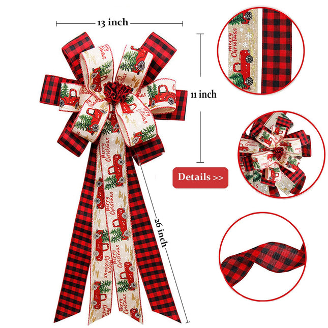 Christmas Tree Topper, 30 x 13 Inches Handmade Buffalo Plaid Decorative Bow, Red Black Christmas Bow Topper, Rustic Farmhouse Xmas Decorations Home Decor