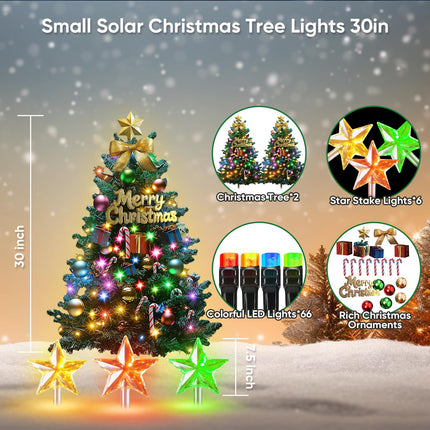 Outdoor Christmas Decorations: 2 Pack 30In Artificial Solar Christmas Tree Lights with 33 LED, 3 Star Stake Lights, 8 Modes Solar Christmas Lights Outdoor Waterproof for Yard, Pathway, Grave Decor