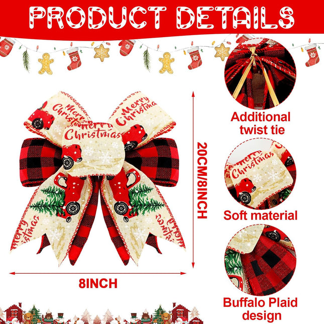 4 Pieces Christmas Buffalo Plaid Bow Burlap Plaid Red and Black Wreath Bows 8 x 8 Inch Christmas Double Layer Xmas Tree Bow for Home Decoration