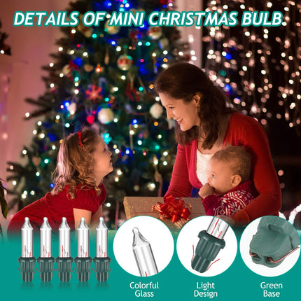 Mudder 100 Pcs Christmas Clear Replacement Mini Light Bulbs Incandescent Light Bulbs 3.5 V Mini Glass Lights with Green Base for Christmas Trees Decor Supplies, 0.125 Ampere, 0.43 Watt(100 Pieces)