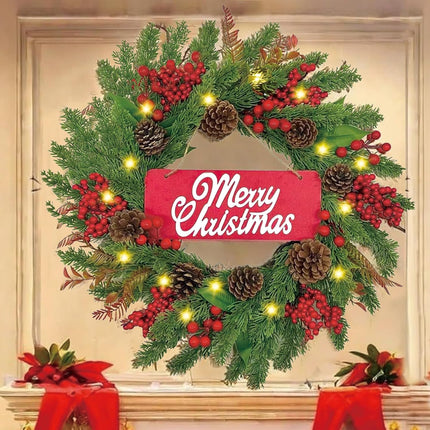 24 Inch Christmas Wreath with Lights Pinecone Berries, Christmas Wreaths for Front Door and Indoor Party Wall Table Home Decor