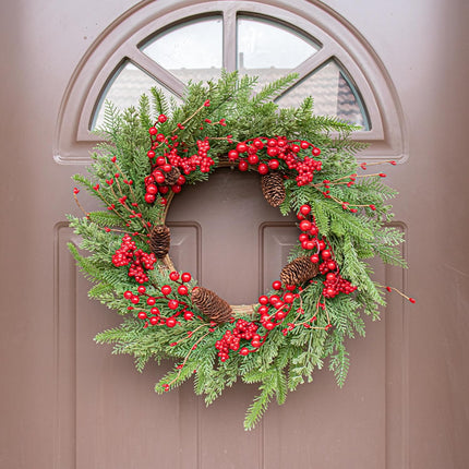 Artificial Christmas Wreath 22 Inch Christmas Wreaths for Front Door Winter Wreath with Red Berries Pine Cones Needles for Indoor Outdoor Xmas Winter Holidays
