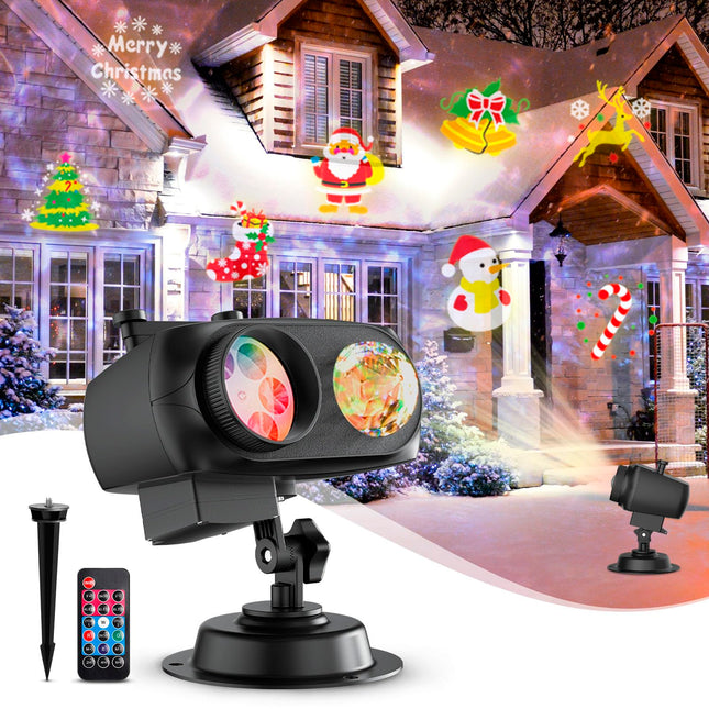 Christmas Projector Lights Outdoor, 2 in 1 HD Effect Holiday Projector, 80 HD Patterns 10 Water Wave Effects, with Remote Control, Timer Memory Function, 10 Slides for Various Festive