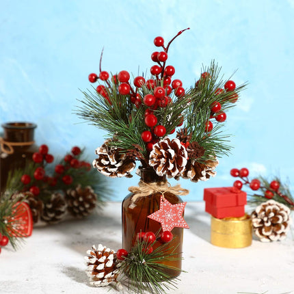 Artificial Pine Pick Artificial Pine Tree Decorations Fake Pinecone Red Berries Branches for Christmas Flower Arrangements Wreaths and Holiday Decorations (20 Pieces)