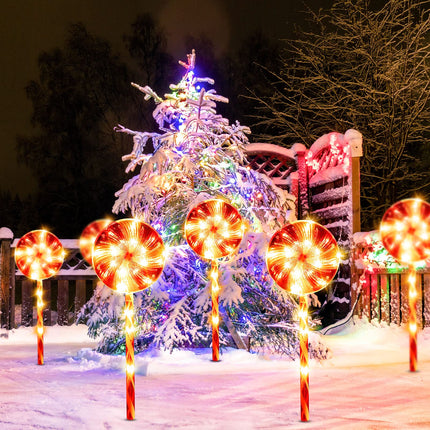Set of 4 Lollipops Christmas Pathway Lights Outdoor 25" Candy Cane Peppermint Stake Light 80 LED Driveway Light with 8 Mode Waterproof Walkway Lights for Yard Patio Decor(Warm Light, Red and White)