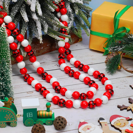 Christmas Mixed Red and White Buffalo Plaid Bead Garland Wooden Round Beads Garland Xmas Wood Bead Garland Decor Christmas Tree Bead Decoration for Christmas Holiday Party Decoration, 16 Feet