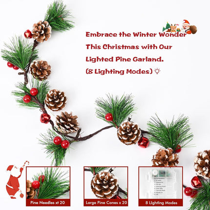 Christmas Garland with Lights, 6.6Ft Prelit Christmas Garland, Lighted Christmas Garland, Pine Garland with Pine Cones, Red Berry, Christmas Decoration, Winter Home Mantle Fireplace Table