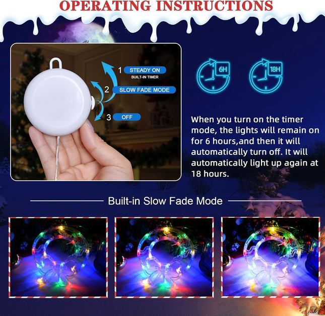 LOLStar Christmas Decorations 3 Pack Wreath, Box, Santa Claus Christmas Window Lights with Suction Cups, Battery Operated Christmas Lights, Slow Fade Mode and Timer Function