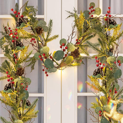 Ethlomoer 6.7FT Prelit Christmas Garland with Lights, Battery Operated Lighted Garland for Mantle Stairs Wall with Timer/Pinecone/Berriy, Indoor&Outdoor Green Pine Garland for Christmas Decorations