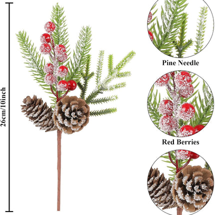U'Artlines 20Pcs Christmas Red Berry Picks 10 inch Artificial Holly Branches with Red Berry and Pine Cones, Winter Holiday Floral Picks for Xmas Tree DIY Crafts Holiday Party Decoration