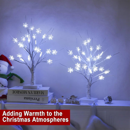 TURNMEON Tabletop Christmas Tree, 2 Pack Lighted Birches Tree Small Christmas Tree, Prelit 48 Snowflake White Lights Timer, Battery Operated Adjustable Branches Xmas Decor Home Indoor Mantel 18 inch