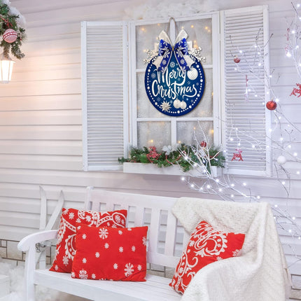 Qunclay Blue Christmas Decorations Round Snow Wooden Hanging Sign Christmas Wreath for Front Door Blue and Silver Wreath Sign with Bow Winter Christmas Wreath Sign for Door Wall Window Home Decor
