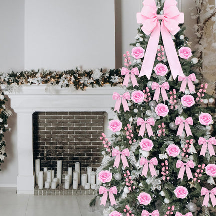 Duraaamo 61 Pcs Rose Christmas Tree Decoration Rose Decorations Set Include Faux Rose Artificial Berries Small Ribbon Bows Big Velvet Topper Bow for Holiday Home Xmas Tree Decor(Coquettish Pink)