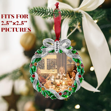 Christmas Tree Ornament Picture Frame Metal Hanging Pendant Holiday 2.5" Photo Frame Charm Decorative of Pets, Baby First Christmas, Family ( Christmas Wreath)