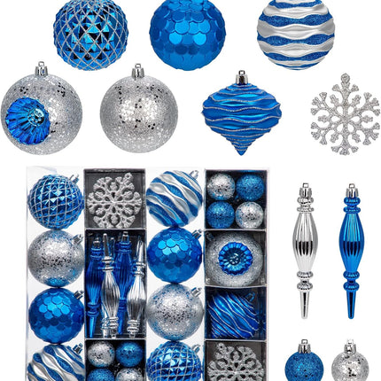 Hollyone Blue and Silver Christmas Balls Ornaments Set, 50pcs Large Glitter Shatterproof Christmas Snowflakes Ornaments Bulk Decoration Hanging Ball for Xmas Tree Wreath Garland Wedding Home Decor