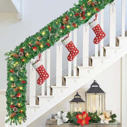 9 FT Christmas Garland with Lights, Lighted Christmas Garland for Mantel, Garlands for Decoration Christmas with Pinecone, Red Berry, Pine, 3 Modes Lighting Christmas Decor for Door, Table, Fireplace