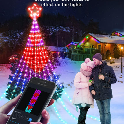 Outdoor Christmas Star String Lights, Smart RGB Waterfall Tree String Light with APP Remote Control, DIY Modes Dimmable Timer Music Sync Shooting Star Fairy Lights for Indoor Outdoor Garden Decoration