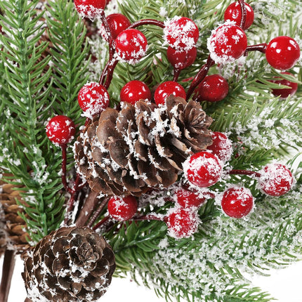 Topotdor 4 Pack Christmas Floral Pine Picks Artificial Red Berry Stems 16.5" Snowy Christmas Pine Branches w/Pinecones for Xmas Tree Floral Arrangement DIY Craft Holiday Table Centerpieces
