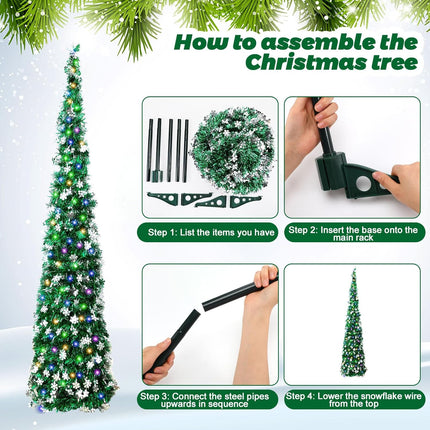 Barydat 5ft Pop up Christmas Tree with Lights Collapsible Tinsel Trees Reusable Pull up Christmas Tree with Snowflakes Sequins Slim Pencil Tree for Christmas Party Holiday Fireplace Home(Green)