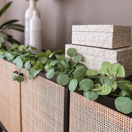 CQURE 12 Pack Eucalyptus Garland,Artificial Eucalyptus Leaves Table Greenery Garland Wreath Vines for Wedding Party Table Fireplace Bedroom Wall Room Decor