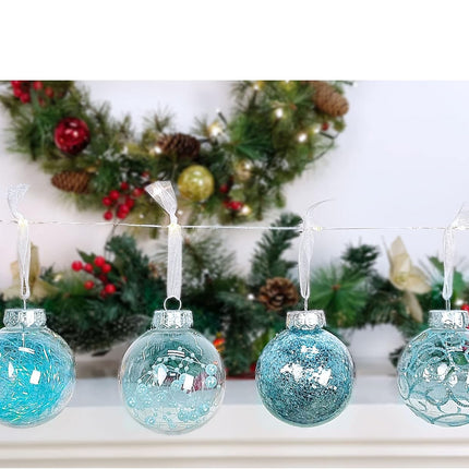 Lulu Home 24ct 2.76" Clear Christmas Ball Ornaments, Pre-Strung Transparent Balls with Unique Decorations Inside, Shatterproof Plastic Balls for Xmas Party Wreath Garlands Trees, Light Blue