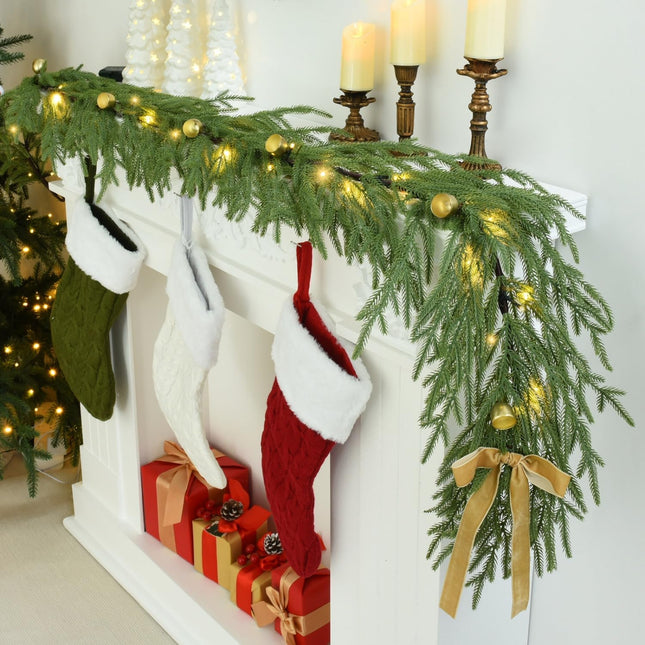 YoleShy 6FT Real Touch Norfolk Pine Garland Christmas Garland with Bell Battery Operated Prelit Garland Christmas Decorations for Mantle Fireplace Xmas Garland Home Decor