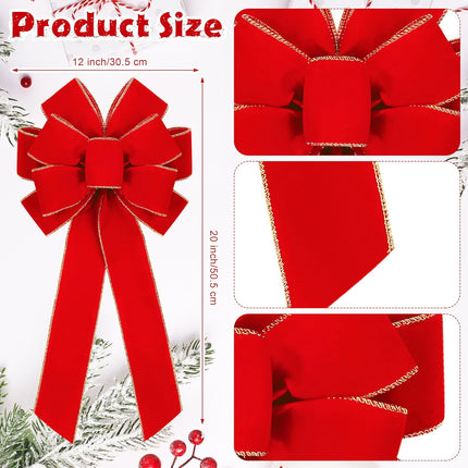 2 Pieces Red Christmas Bows 20 x 12 Inches Large Velvet Christmas Wreath Bow with Glitter Gold Edge Christmas Tree Topper Ornament Bow for Christmas Home Indoor Outdoor Door Decor