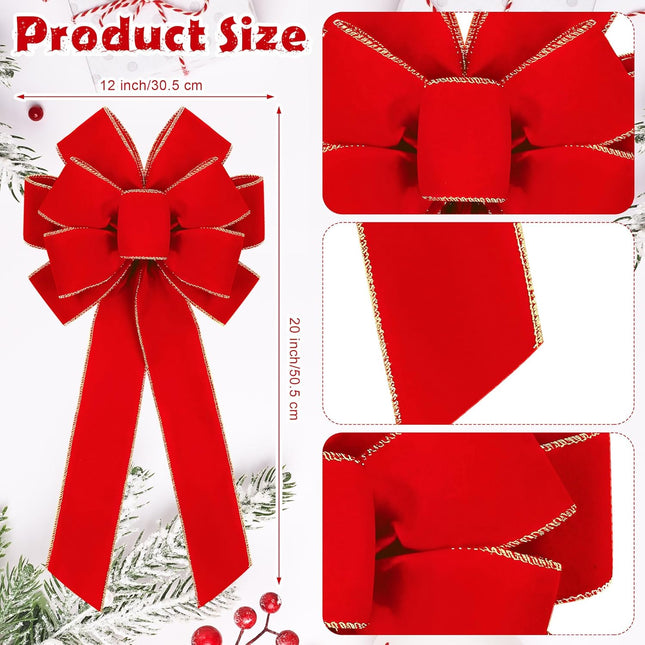 2 Pieces Red Christmas Bows 20 x 12 Inches Large Velvet Christmas Wreath Bow with Glitter Gold Edge Christmas Tree Topper Ornament Bow for Christmas Home Indoor Outdoor Door Decor