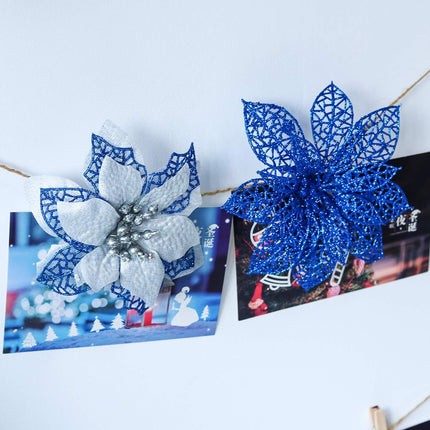 ilauke 24Pcs Poinsettias Artificial Christmas Flowers, 6" Glitter Artificial Christmas Flowers with 30 Sliver Clips, for Xmas Tree Ornaments Wedding Party Wreath Decor (Blue)