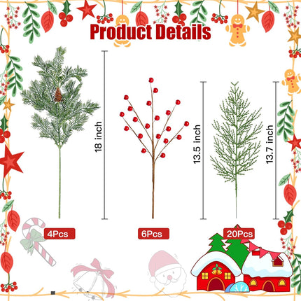 Sggvecsy 30 Pcs Artificial Pine Branches Fake Greenery Pine Picks with Pine Cones Artificial Red Berry Branches Christmas Pine Needles for DIY Wreath Xmas Embellishing Flower Arrangements Decoration