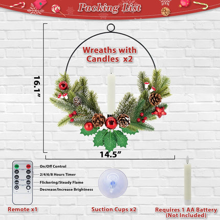 Christmas Wreaths for Front Door Windows: 2Pcs 15 Inch Small Prelit Lighted Xmas Wreaths Battery Operated with Timer LED Taper Candles Lights Decorations for Indoor Outdoor Light Up Winter Holiday