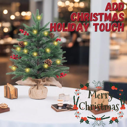 Small Christmas Tree with Lights Tabletop Christmas Tree with 57 PE Tips, 8 Pinecones, 8 Berries, 45 Lights Fluffy Pre-Decorated 2ft Xmas Tree - Add Festival Touch Green Mini Christmas Tree